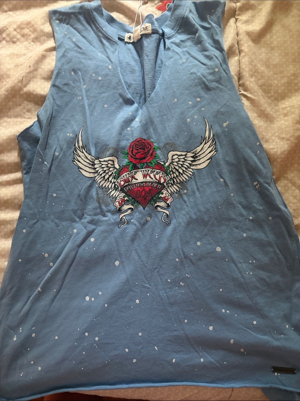 Body Glove Blue Muscle Tee with Winged Heart and Rose Graphic